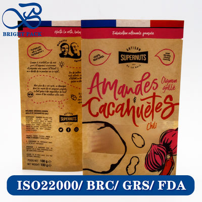 Recyclebare en biologisch afbreekbare kraftpapieren zakken voor voedselverpakkingen met transparante vensters en aanpasbare printpatronen.