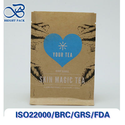 Recyclebare en composteerbare achtzijdige afdichtende kraftpapieren zakken voor thee verpakking met aanpasbare bedrukking en maten.