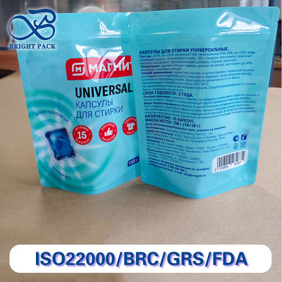 Hoge resolutie CMYK en digitale bedrukking stand-up pouches voor verpakking van wasmiddelpods.