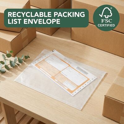 Plasticvrij, biologisch afbreekbaar, recyclebaar, verzendingsenvelop, papieren paklijst, zelfklevend verzendlabel, documentportemonnee